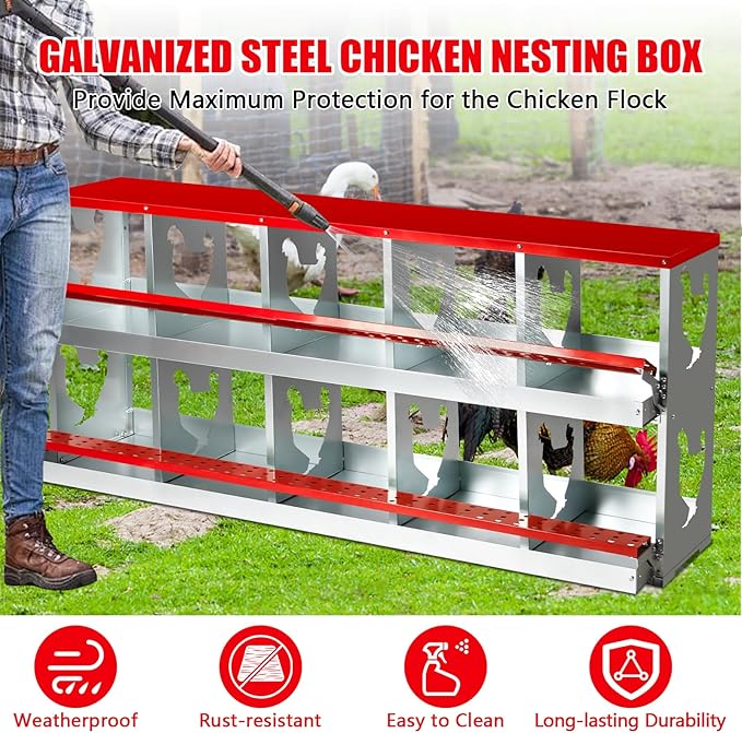Chicken Nesting Box for Laying Eggs,10 Hole Roll Away Nesting Boxes,Chicken Laying Boxes with Large Vented Holes,Wall-Mountable Chicken Coop Nesting Boxes,Metal Laying Boxes for Hens,Ducks(Red)