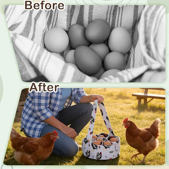 Egg Collecting Basket, Canvas Egg Basket for Gathering with 7 Pouches for Chicken, Duck, Goose, Bird, Various Poultry Collection (Red-crested)