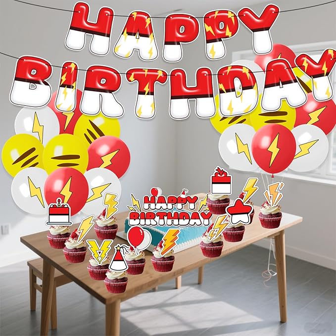 Cartoon Birthday Decorations Red White Yellow Happy Birthday Banner Balloons Cake Cupcake Topper for Anime Theme Party Decor Supplies