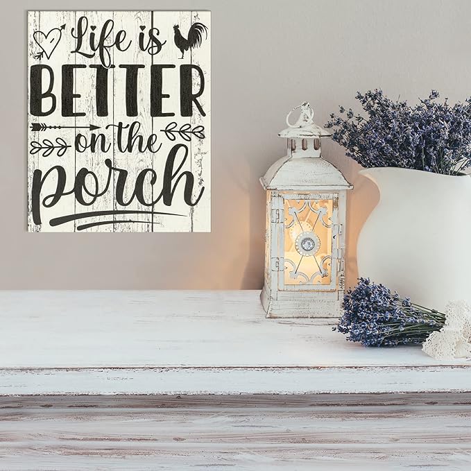 JennyGems Life is Better on the Porch Wooden Sign, Farm Life Decor and Wall Hanging, Whitewash Color, Made in USA