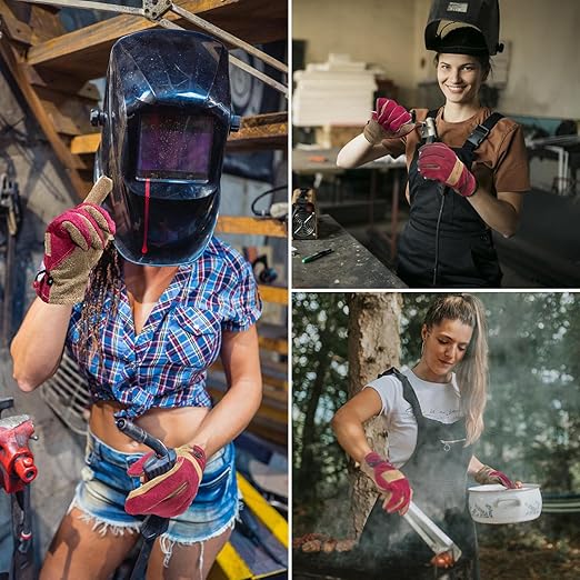 Women's Cotton Lined Leather Work Gardening Gloves, Rose Trimming, TIG/MIG Welding, Construction, Farm, Ranch Flexible Cowhide Gloves, Comfortable, Durable (Large)