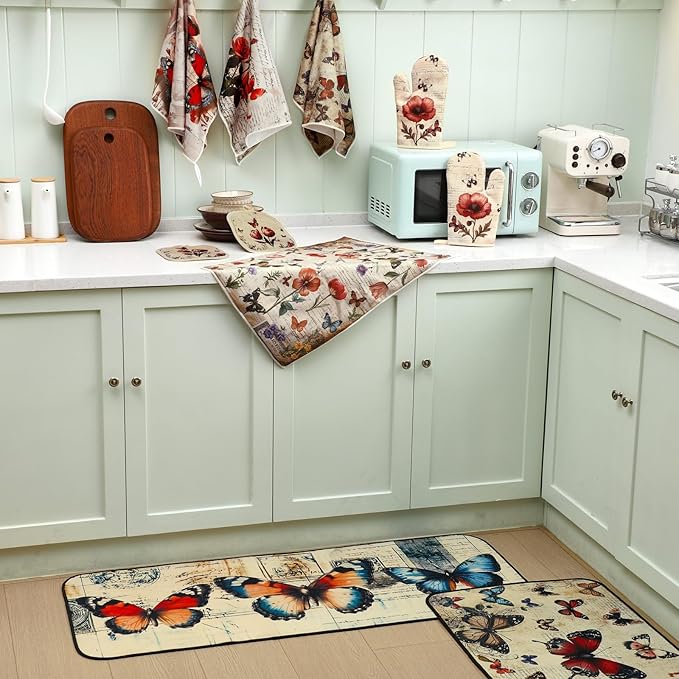 10 Pcs Butterfly Kitchen Dish Towels Rugs Oven Mitts and Pot Holders Set Farmhouse Kitchen Decor Set for Women Mom Daughter Gift Cooking Baking Grilling(Classic Colors)