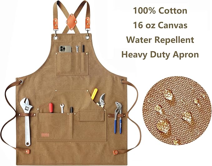 AFUN Work Aprons for Men with Large Pockets, Cotton Canvas Cross Back Heavy Duty Adjustable Tool Apron, Size M to XXL (Brown)