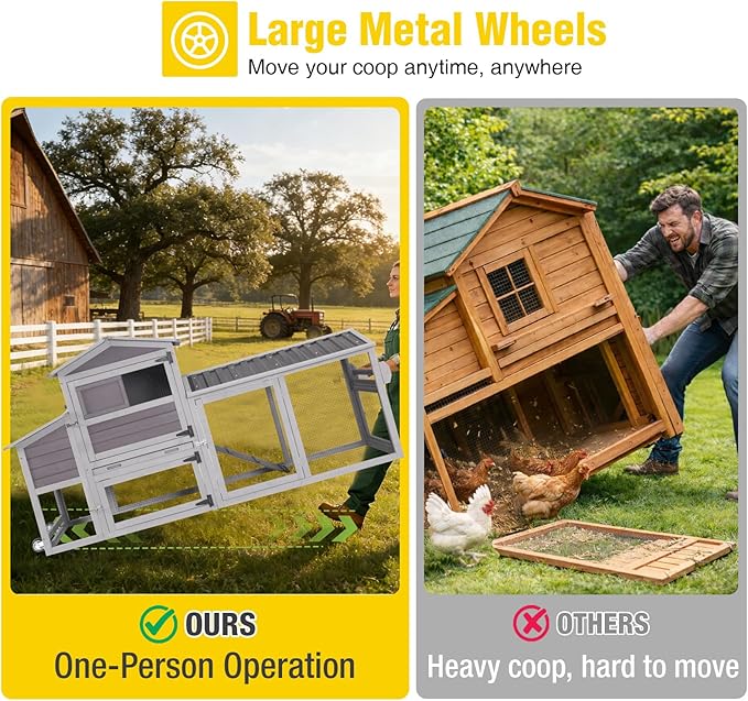 Aivituvin 83in Chicken Coop Mobile Hen House Outdoor Wooden Poultry Cage with Wheels Nesting Box Run for 4-6 Chickens