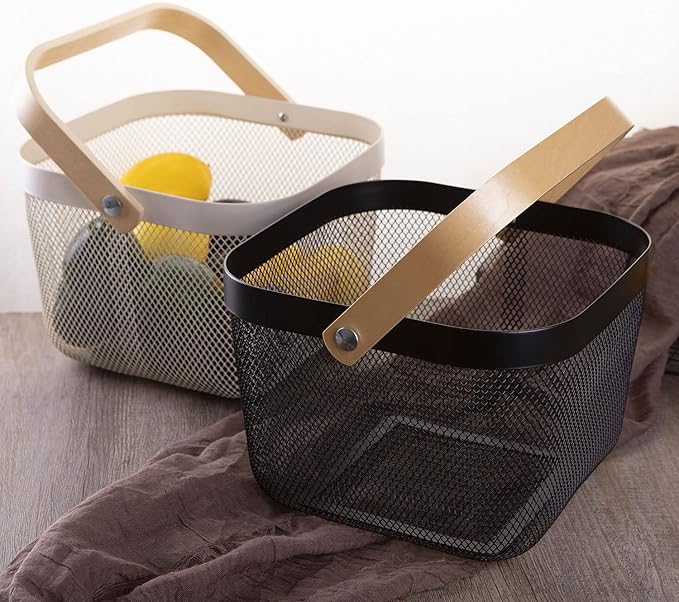 IBWell Square Metal Wire Woven Fruit Storage Bowl Basket with Wooden Handle, Large Black Mesh Fruit Stand, Multi-function Hanging Kitchen Baskets (Black, Nomal 2PCS)