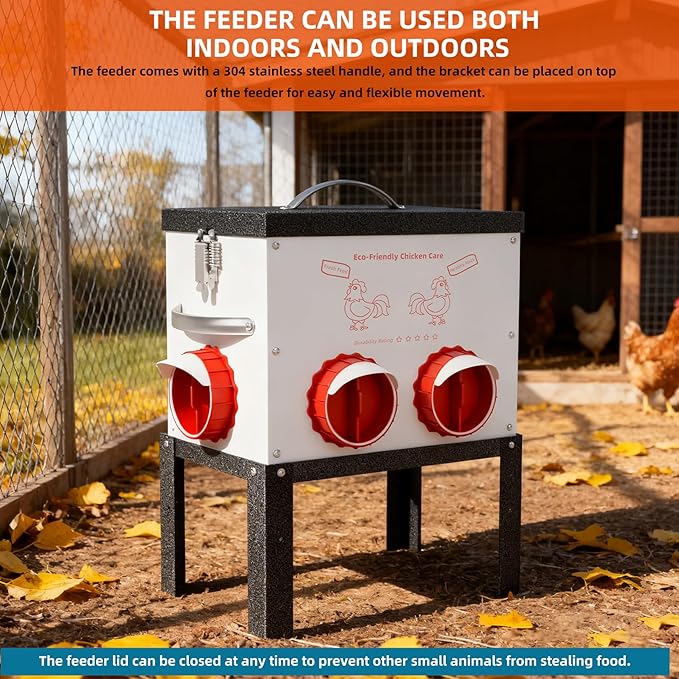 Automatic Chicken Feeder No Waste 35 Pounds 6 Ports Metal Poultry Feeder with Latch & Handle Adjustable Height Heavy-Duty Stand - Outdoor Feeding Station for Chickens, Ducks & Geese
