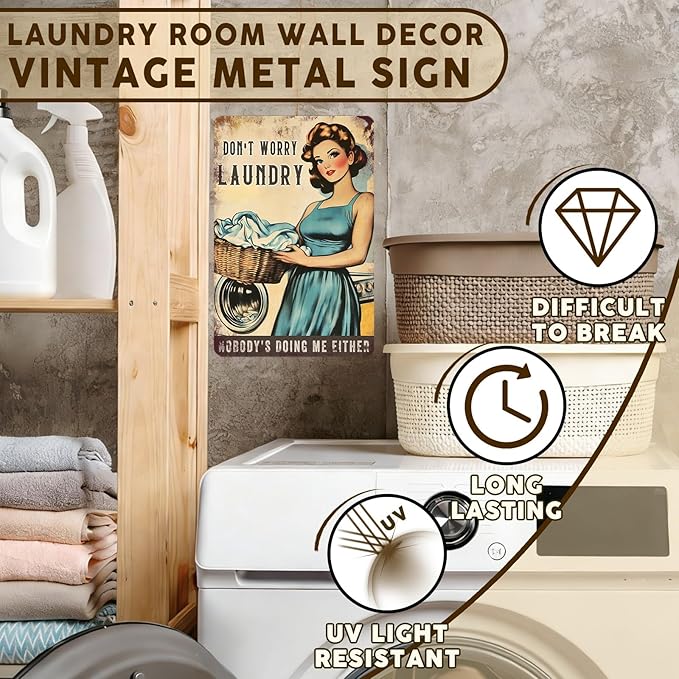 PEACHGARDEN Funny Laundry Room Decor - Vintage Metal Sign for Wall Decor - 8x12 Tin Sign for Bathroom, Mudroom, & Drying Zone - Witty Home Decor Gift for Women & Moms