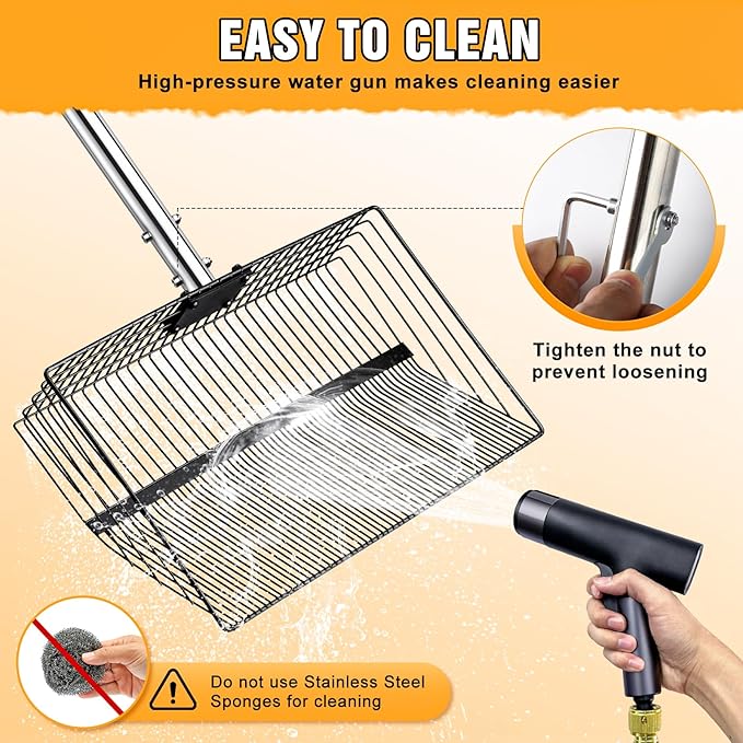 15 inch Extra Large Chicken Poop Scooper with Ergonomic Grip,5-in-1 Heavy Duty Adjustable Coop Scoop for Poop (24 to 68"), Stainless Steel Sifting Litter Shovel Scoop for Chicken Coop