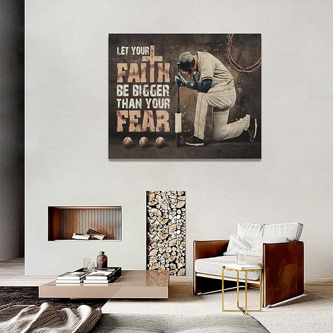 Christian Baseball Wall Art Sport Theme Teen Boy Room Wall Decor Inspirational Quotes Pictures Canvas Prints Artwork Baseball Decor For Boys Room Playroom Bedroom Gym Framed 20"x16"