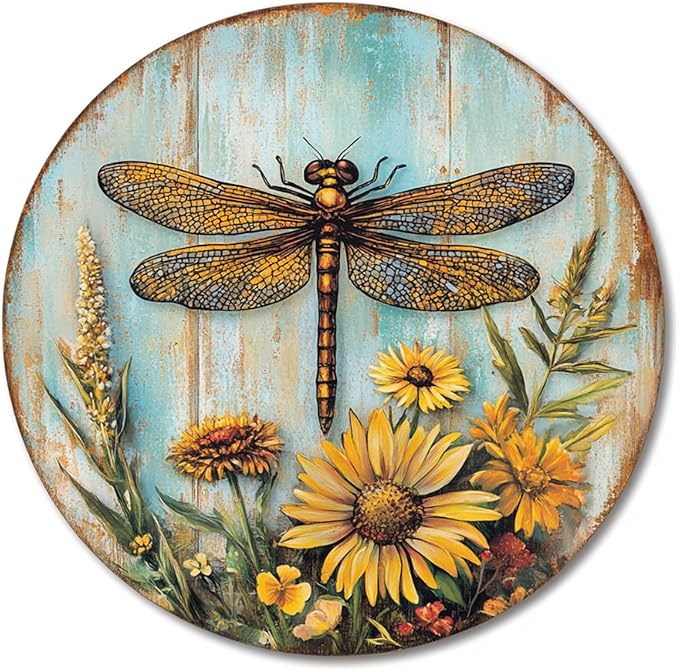 Dragonfly What A Wonderful World Flowers Tin Sign Round Metal Tin Sign for Home Farm House Rustic Garden Yard Vintage Outdoor Outside Porch Wreath Wall Funny Decor 8 Inch