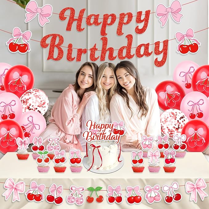 Pink Bow Cherry Themed Birthday Decorations for Princess Girls Coquette Birthday Party Decorations