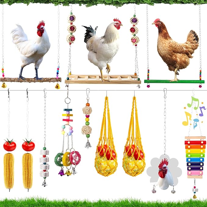 13 Pack Chicken Toys for Coop Accessories - Chicken Xylophone Toy, Chicken Mirror, Chicken Ladder Bridge, Coop Swing, Vegetable Hanging Chicken Feeder, Chewing Foraging Toys, Gifts for Hens