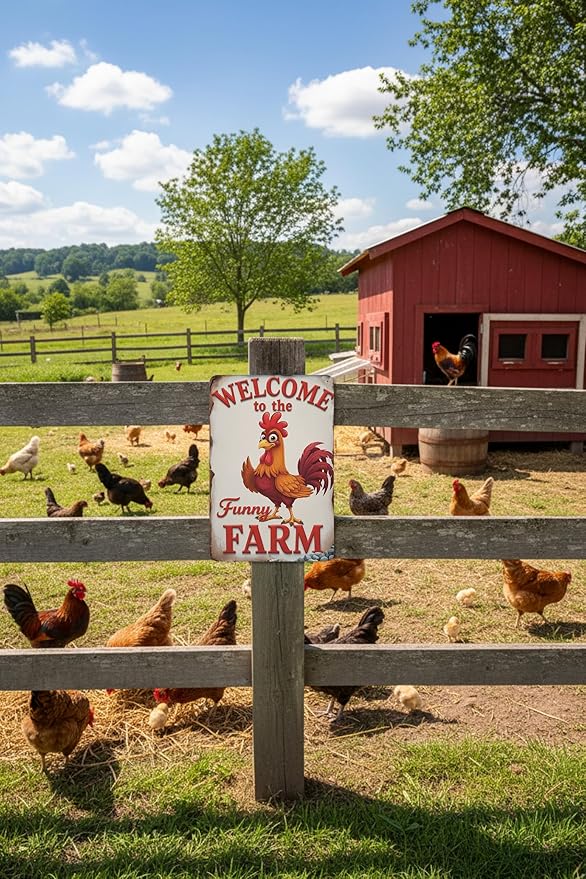 Welcome to The Funny Farm Aluminum Sign Humorous Chicken Coop Sign Rustic Farmhouse Welcome Sign for Backyard Flock 8x12 Inches Outdoor Metal Decor Style-03