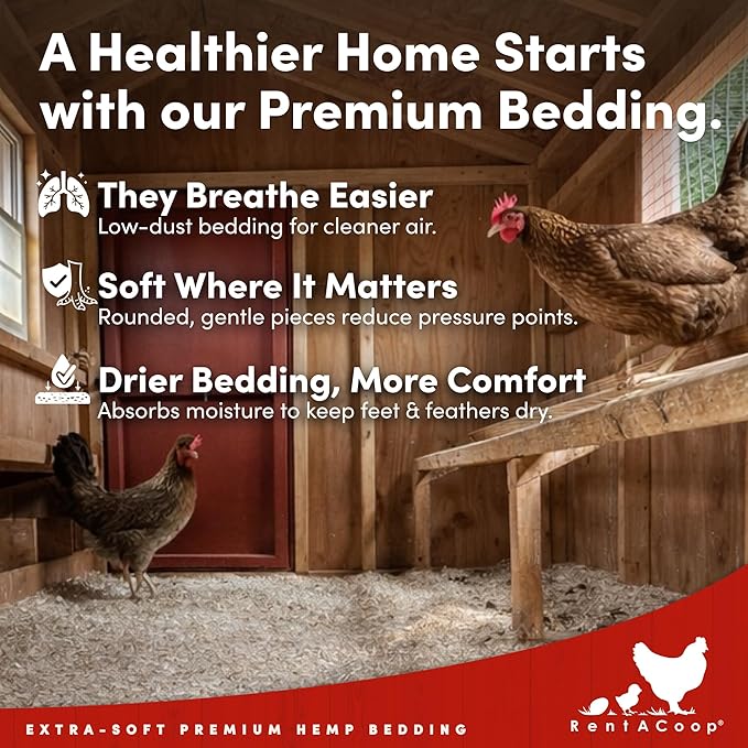 RentACoop Extra-Soft Premium Hemp Bedding 300L – Super Absorbent, Low Dust, Natural Odor Control for Chicken Coops, Nest Boxes, Small Animals, Reptiles & Horses