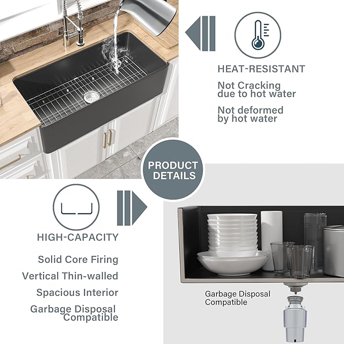 Extra Large Black Farmhouse Sink 36 x 18 Inch, MIN. Base Cabinet Size: 21"Dx39"W, Firecaly Apron Front Undermount Farm Sink Single Bowl for Kitchen, w Accessories 2 Types