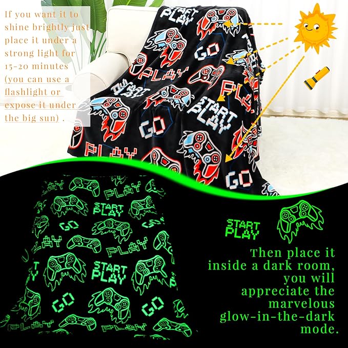 Gamer Gifts for Boys Teens Men Easter, Glow in The Dark Gaming Blanket, Soft Cozy Flannel Throw with Game Controller Pattern, Bedroom Decor, Boys Easter Basket Stuffers 50" x 60"