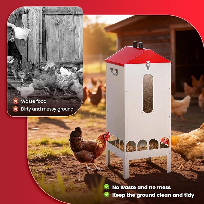 70-85lbs Automatic Chicken Feeder No Waste Gravity Poultry Feeder with 16 Ports and Visible Feed-Level, Chicken Food Dispenser for Duck, Goose, Turkey