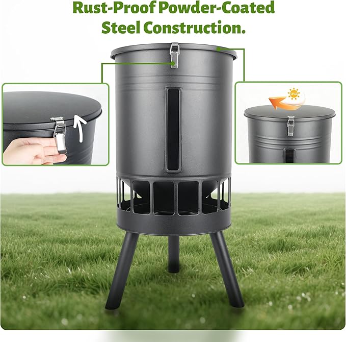KOL 50LB Metal Chicken Feeder - No Waste, No Clog Design with 16 Ports & Smooth Gravity-Flow, Powder Coated Rust-Proof for Coop Use (Black)