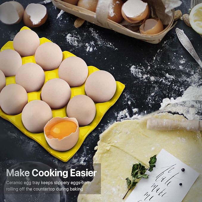 Flexzion Yellow Ceramic Egg Tray - Dozen Egg Cup Holders, Elegant Design, Microwave and Dishwasher Safe