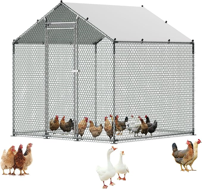 VEVOR Metal Chicken Coop, 6.56x6.56x6.56ft Large Walk-in Chicken Runs with Cover, Spire Roof Hen House Enclosure with Security Lock, Outdoor Duck Rabbit Cage Poultry Pen for Backyard, Farm, Yard
