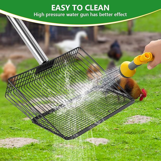 Chicken Poop Scooper 10 Inch Large Metal Coop Scoop 35" to 62" Long 4 in 1 Multifunctional Heavy Duty Chicken Coop Scoop Sifting Shovel for Sand Chicken Coop Accessories
