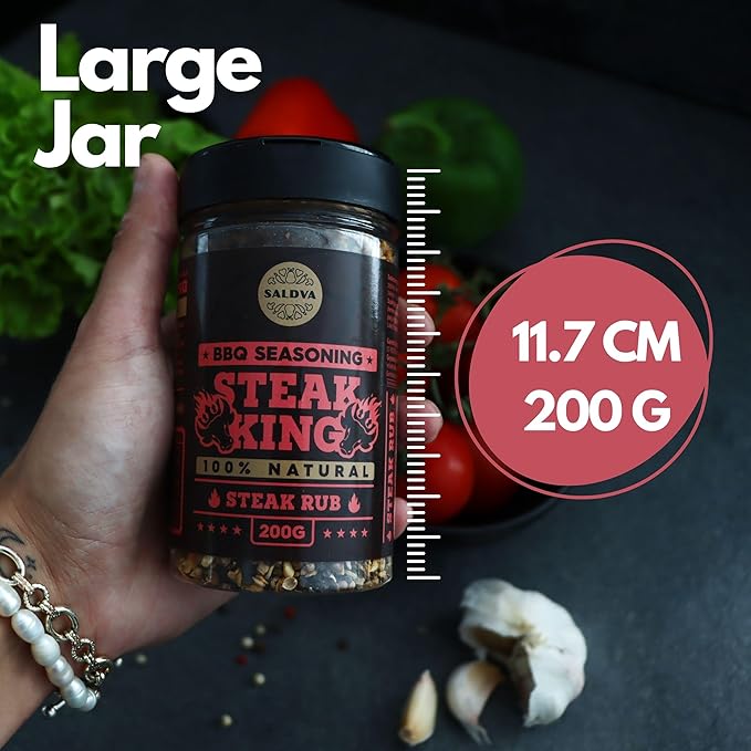 Steak King BBQ Rub - 100% Natural Seasoning - Perfectly Balanced Blend of Spices for Extraordinary Steaks and Other Beef Dishes - Large Jar (200g)