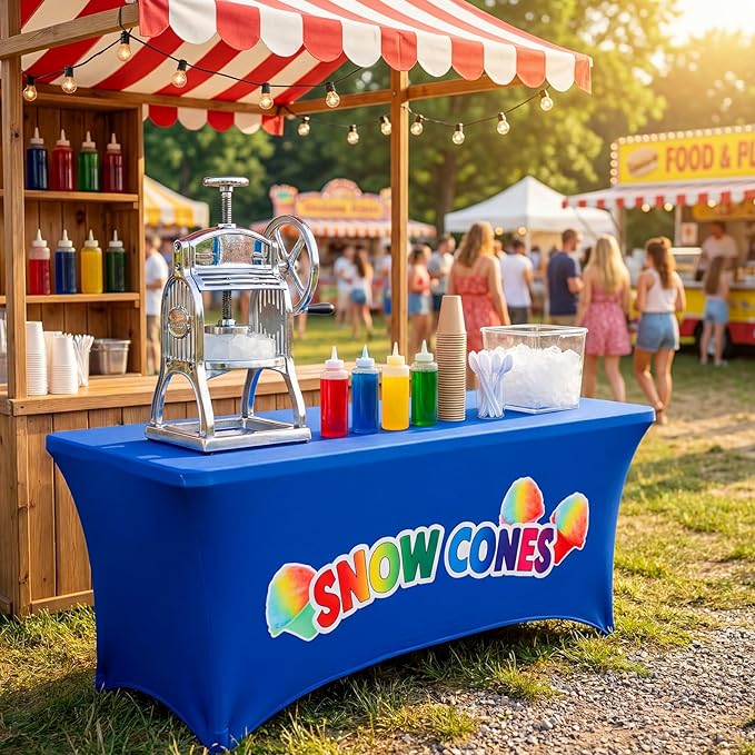 Oudain 6ft Snow Cones Stand Tablecloth Stretch Spandex Table Cover Snow Cones Stand Supplies for Standard Folding Tables Summer Party Table Cloths Universal Rectangular Fitted Protector
