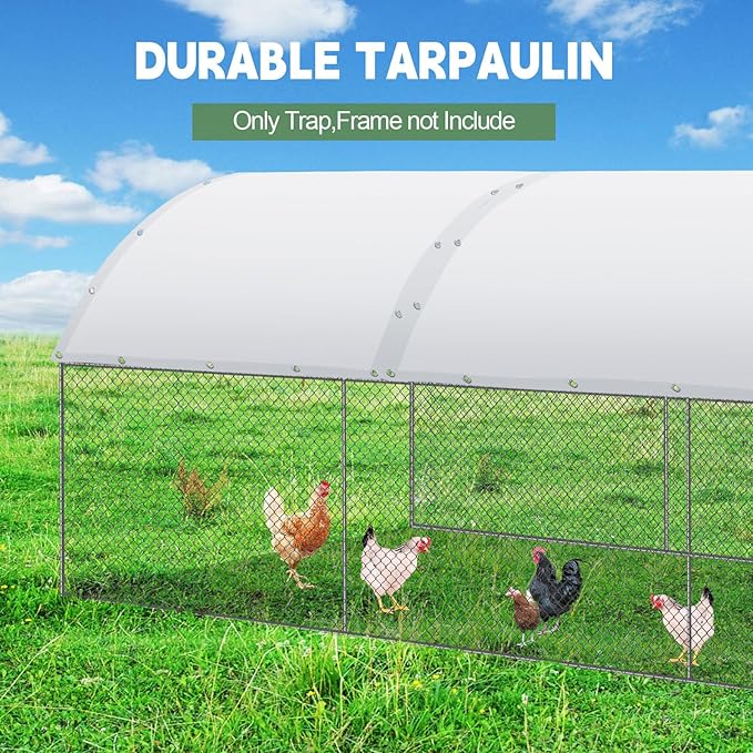 VitalCozy 2 Pcs Chicken Coop Cover Waterproof 14.5 x 6.6 ft Chicken Run Cover Coop Tarp Accessories for Winter with 50 Pcs Ball Bungees Cords for Outdoor (White)