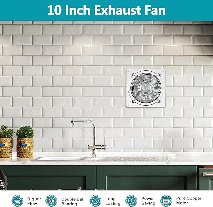 HG Power 10 Inch Metal Exhaust Fan with Switch, 988 CFM Powerful Garage Exhaust Fan with Damper, Potable Wall Mount Fan Fume Extractor Ventilation Fan for Shop, Shed, Basement, Chicken Coop, Silver