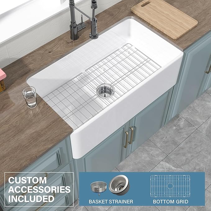 White Farmhouse Sink 33 x 18 Inch, Large Firecaly Apron Front Undermount Farm Sink Heavy Duty Single Bowl, with Custom Accessories 2 Types, Pure White, for Kitchen