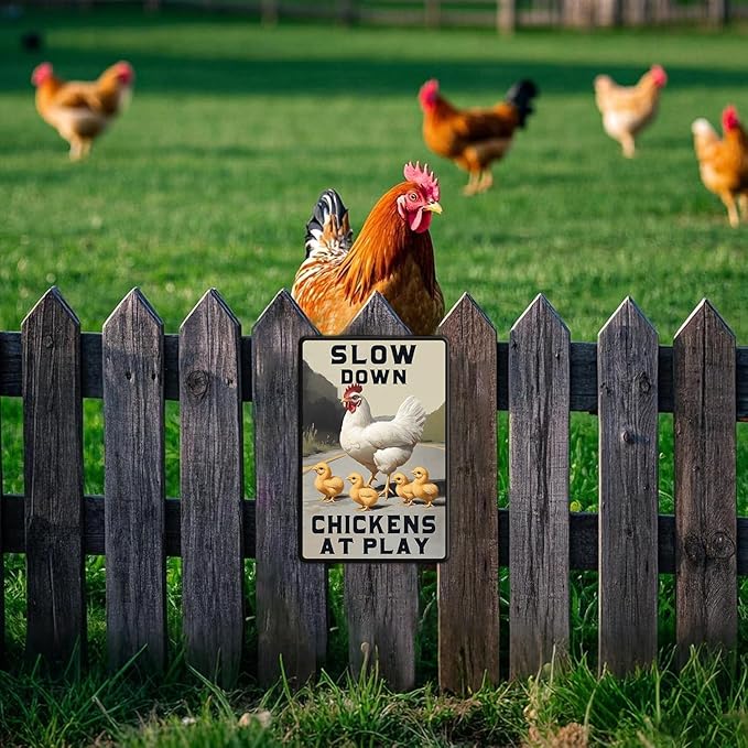 Funny Chicken Signs Slow Down Chickens At Play,chicken Crossing Aluminium Sign Metal Chicken Signs Decor Home Ktichen Farm Are Wall 12x8 Inch Chicken Signs For Coop Metal Tin Signs Poster