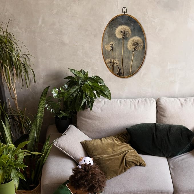 Hiuwevt Vintage Country Dandelion Floral Oval Wall Art Decor, Rustic Farmhouse Framed Canvas Prints, Dark Moody Botanical Oval Wall Hanging Decor for Bedroom Living Room Decorations, 8.6x11.4 Inches