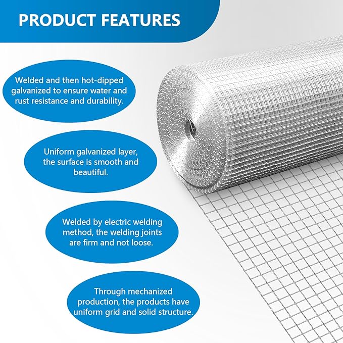 48inx100ft 1/4 in 23 Gauge Hardware Cloth, Metal Screen Galvanized Wire Mesh Welded Wire Fencing Critter Fence Poultry Netting Chicken Wire Fence Rabbit Fencing Garden Fencing Fence Netting Silver