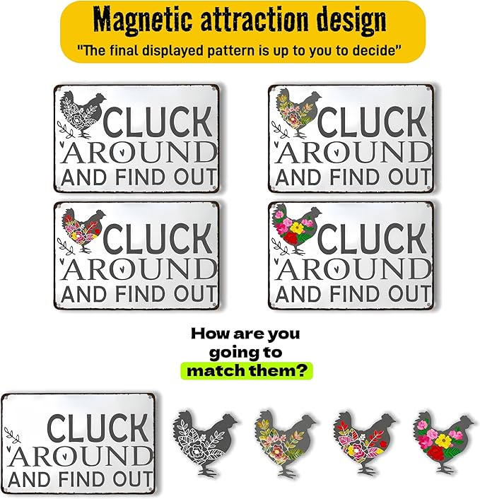 Funny DIY Magnetic Attraction Design,Vintage Chicken Decor Metal Sign, Funny Farmhouse Kitchen Wall Art, Unique Home Decor Gifts for Women, Farmhouse Style Enthusiasts, Retro Chicken Coop Accessories,8*12 Inch (Light Grey)