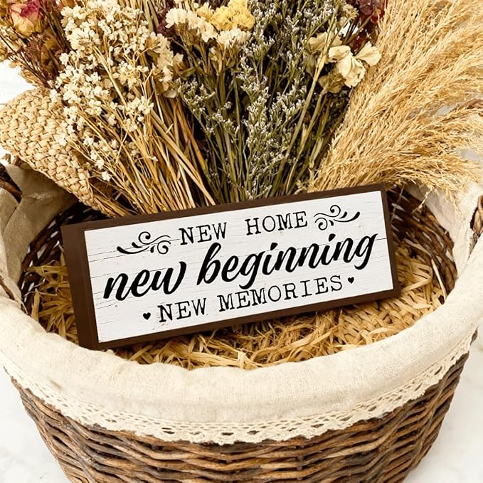 Rustic Home Sign, New Beginning New Memories Sign, Front Door Porch Decors, Decorative Wooden Framed Signs, Shelf Decoration, Wall Decor Art, House Cottage Decors, Housewarming Gift 9.5x3.1x1 inches