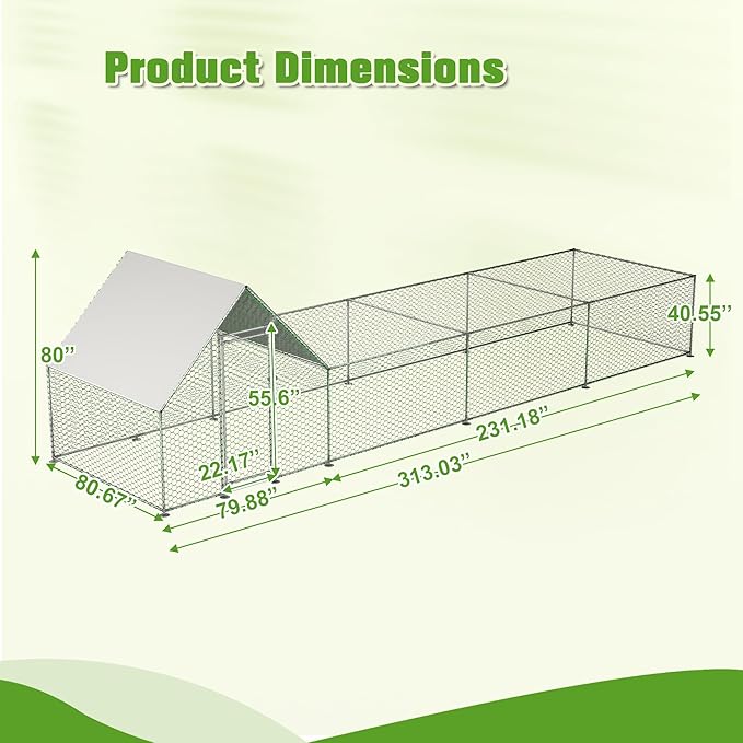 Metal Chicken Coop with Waterproof Cover, 26x6.7x6.6ft Chicken Run for Yard, Outdoor Backyard Farm Walk-in Hen House, Chickens Poultry Cage for Ducks, Rabbits and Small Pets