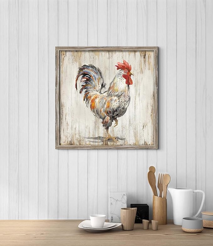 Rooster Wall Art Wooden Decor: Farm Animal Rustic Framed Print Picture Farmhouse Chicken Print Artwork Decorations Rustic Country Kitchen Painting for Home Living Room Bedroom 16 x 16 Inches
