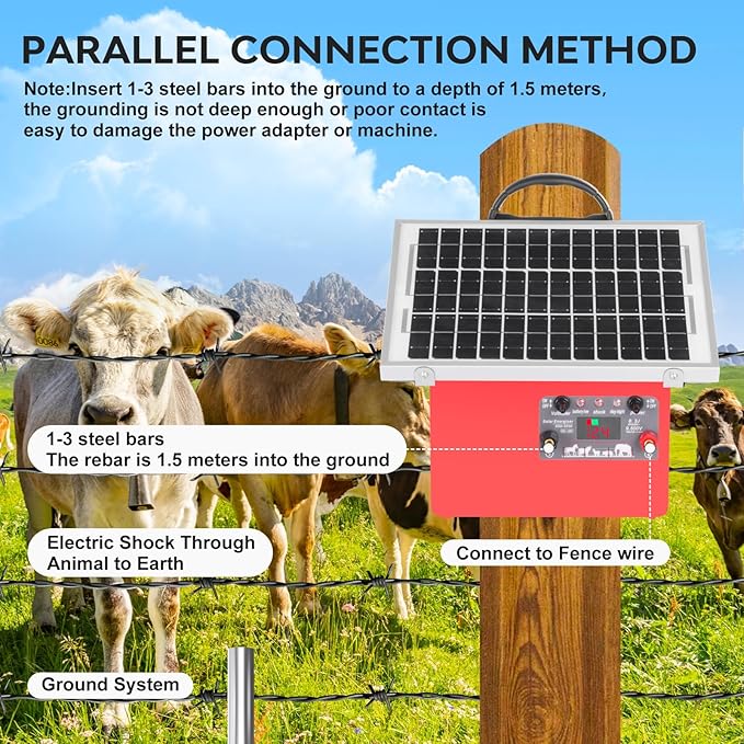 Solar Electric Fence Charger for Livestock,20 Miles Protection Range,24H/14D Uninterrupted Power,9.5KV Adjustable Output,7.5W Solar Panel,0.5 Joules Energy Output