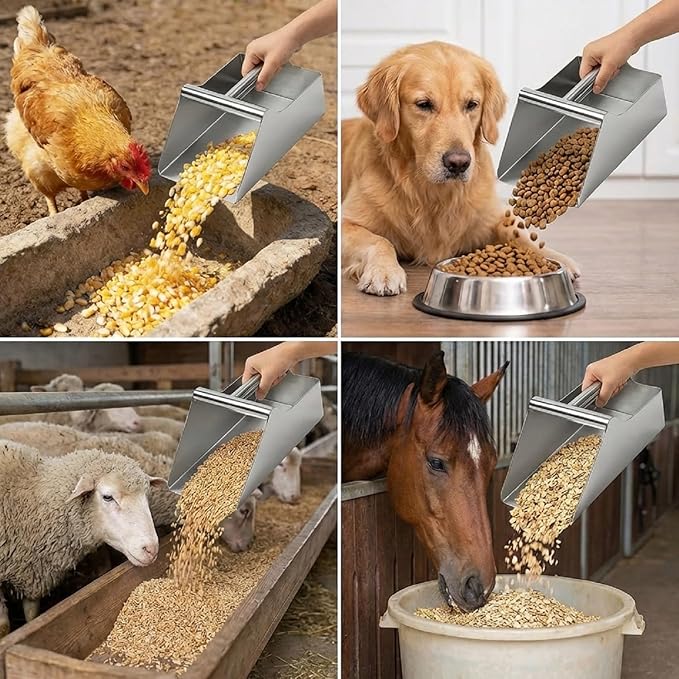 304 Stainless Steel Grain Scoop, Heavy Duty Feed Shovel 8-inch Wide High-Capacity for Feed Livestock Poultry Pet Food and Bird Seed Comfortable Grip Handle Easy to Clean