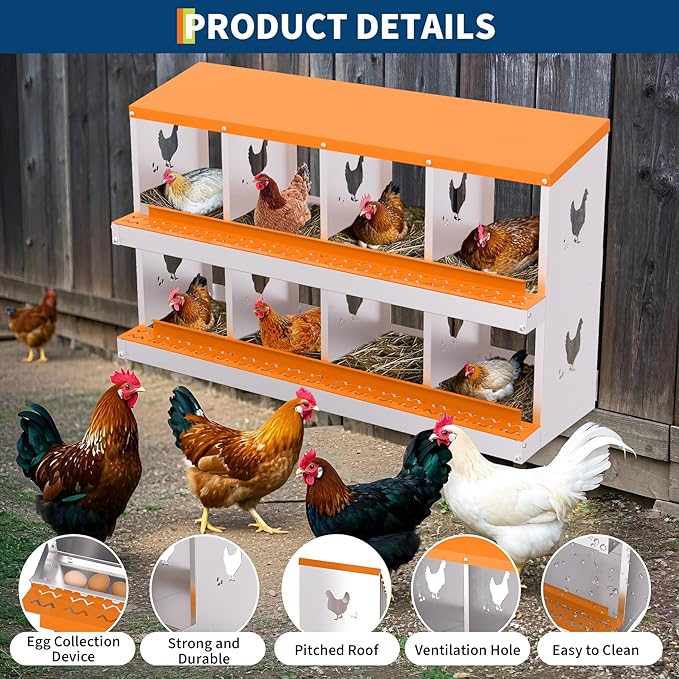 Chicken Nesting Boxes, 8-Hole Roll Away Nest Box for Chicken Coop, Metal Egg Laying Box with Perch & Lid Cover to Protect Eggs, Rollout Egg Collection, Vented Holes Orange