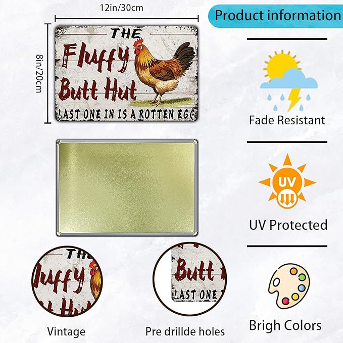 Funny Chicken Coop Metal Tin Sign 12x8 Inch Fluffy Butt Hut Last One In Is A Rotten Egg Chicken Tin Sign Chicken Coop Poster Home Kitchen Garden Bar Restaurant Coffee Are Wall Decor