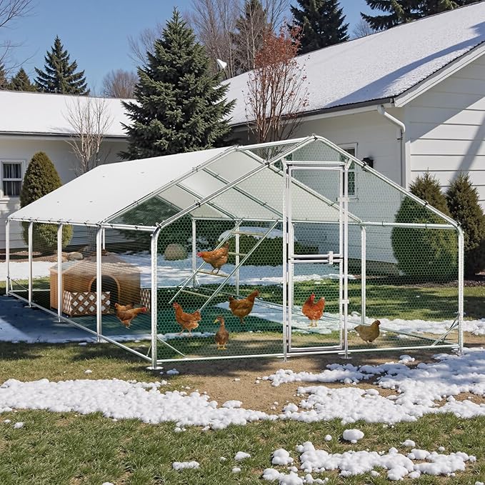 Large Metal Chicken Coop, 10x26x6.5FT Chicken Runs for Yard with Cover and Roosting Perch, Split Doors Walk in Chicken Coop