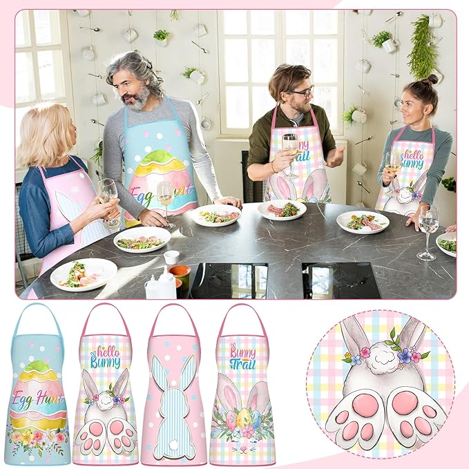 4 Pack 23x30 Inch Easter Bunny Eggs Aprons Buffalo Plaid Aprons Vintage Chef Bib Adjustable Washable Kitchen Aprons(Vivid Style)