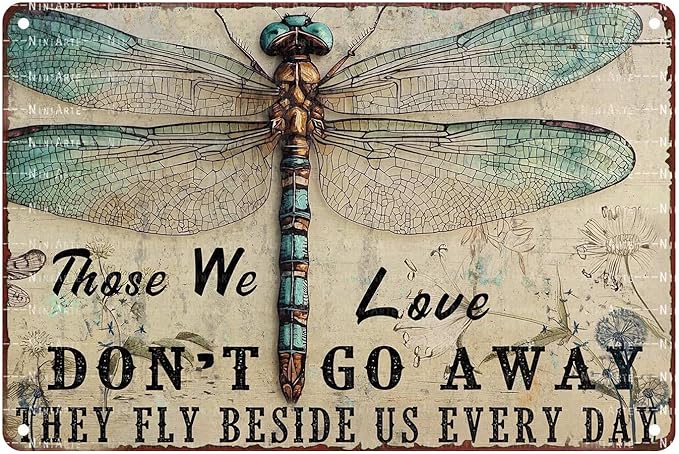 Vintage Dragonfly Tin Sign Those We Love Don't Go Away They Fly Beside Us Every Day Metal Sign Garden Decor Funny Dragonfly Wall Art Hippie Home Living Room 8X12Inch