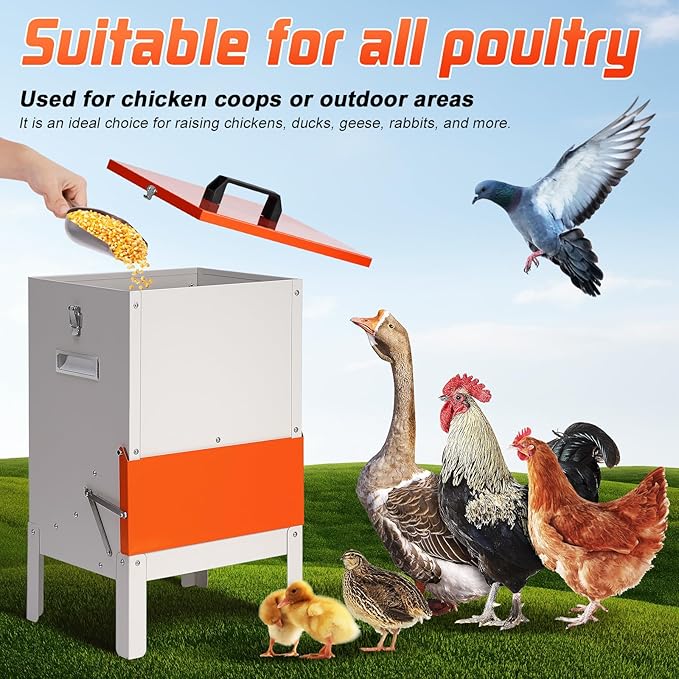 30lbs Automatic Chicken Feeder and Duck Feeder，Large Poultry Feeder for Chickens, Ducks, Geese, Pigeons, Dogs, Cats (Orange)