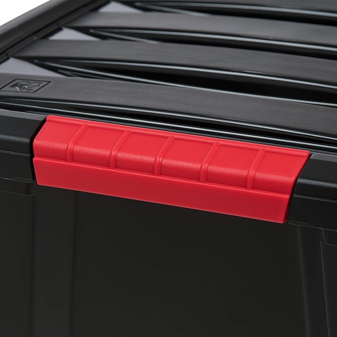 IRIS USA 30 L (32 QT) Plastic Storage Box with Lid and Latches - 4 Pack - BPA-Free, Garage Organizing Solution, Durable Nestable Stackable Containers, Secure Pull Handle - Black