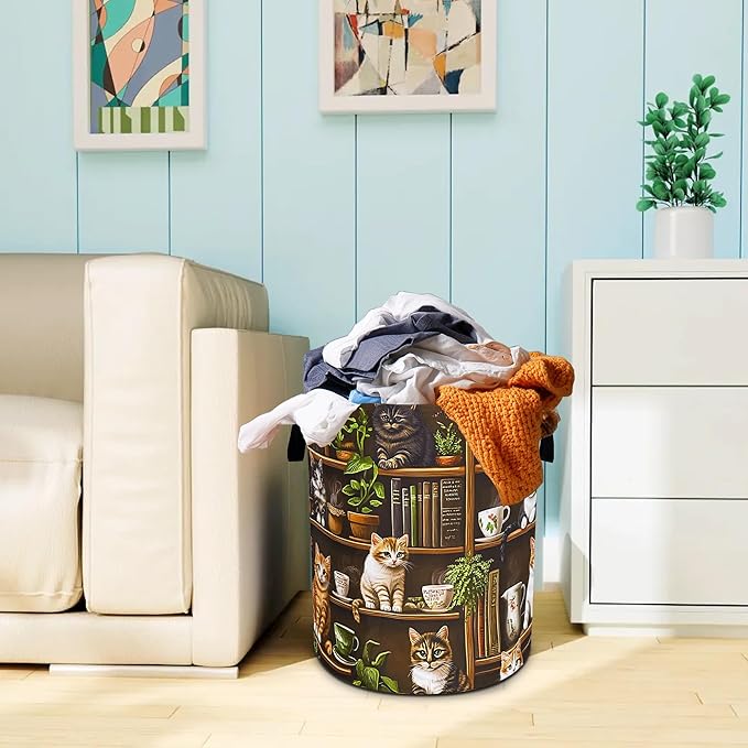 Cute Cat Laundry Basket Bookshelf Animal Oxford Cloth Laundry Hamper Funny With Handle Foldable Portable Clothes Storage Basket 18.9 X 16.5 In Storage Bag For Laundry Room/Bathroom/Bedroom/Dormitories