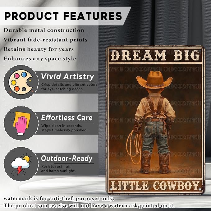 DecoMyth Vintage Boy Tin Sign Dream Big Little Cowboy Retro Wall Decor Garden Plaque Funny Metal Poster Kitchen Store Cafe Toilet Bathroom Bar Pubs Boys room Living Room Bedroom 12 * 8inch