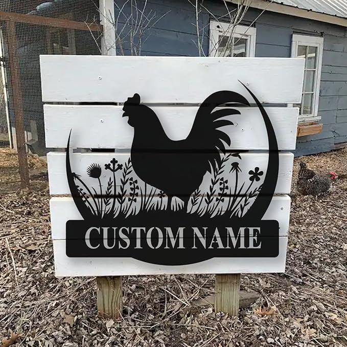 Farmhouse Barn Chicken Coop Sign Custom Metal Hen House Nameplate Personalized Backyard Poultry Hanging Plaque Rustic Barnyard Wall Art Unique Gifts for Farmers and Homesteaders Outdoor Decorations