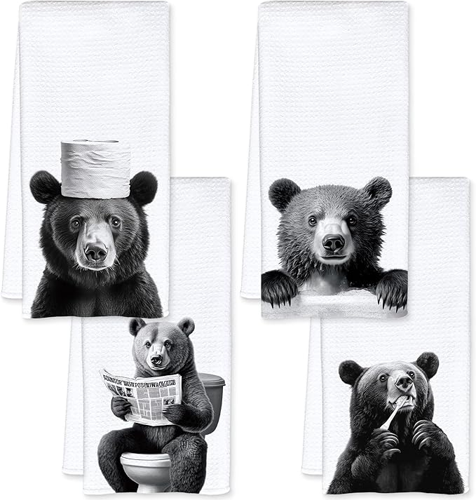 Bear Bathroom Decor Hand Towels, Bear Gifts for Women Men, Animal Lover Gifts, Black and White Wild Animal Hand Towels for Bathroom Washroom Restroom Decor, 16x24 Inch, Set of 4